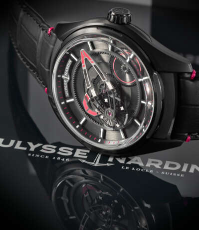 ULYSSE NARDIN. A UNIQUE AND HIGHLY ATTRACTIVE BLACK DLC-COATED TITANIUM AUTOMATIC WRISTWATCH WITH OVERSIZED SILICON OSCILLATOR, INSPIRED BY THE SIGNATURE COLOURS OF ELA - photo 6