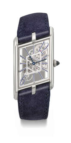 CARTIER. A VERY RARE AND UNUSUAL PLATINUM LIMITED EDITION SKELETONIZED ASYMETRICAL WRISTWATCH - photo 1