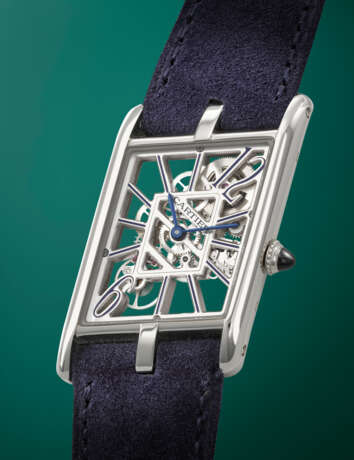 CARTIER. A VERY RARE AND UNUSUAL PLATINUM LIMITED EDITION SKELETONIZED ASYMETRICAL WRISTWATCH - photo 2