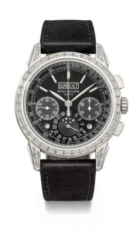 PATEK PHILIPPE. AN EXTREMELY RARE AND HIGHLY IMPRESSIVE PLATINUM AND DIAMOND-SET PERPETUAL CALENDAR CHRONOGRAPH WRISTWATCH WITH MOON PHASES, LEAP YEAR AND DAY/NIGHT INDICATION - photo 1