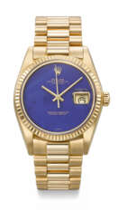 ROLEX. A VERY RARE AND ATTRACTIVE 18K GOLD AUTOMATIC WRISTWATCH WITH SWEEP CENTRE SECONDS, DATE, LAPIS LAZULI DIAL AND D&#39;AGOSTO BRACELET