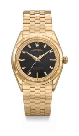 ROLEX. A RARE, ELEGANT AND HIGHLY ATTRACTIVE 18K PINK GOLD AUTOMATIC WRISTWATCH WITH SWEEP CENTRE SECONDS, BLACK LACQUERED DIAL AND BRACELET - фото 1