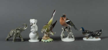 3 Vogel- & 2 Elefanten-Figuren 3x Rosenthal, 1x Hu…