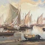 Voiliers dans le port huile sur toile milieu du XXe si&egrave;cle oil painting realism 20th century - Foto 2