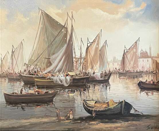 Voiliers dans le port huile sur toile milieu du XXe si&egrave;cle oil painting realism 20th century - photo 2