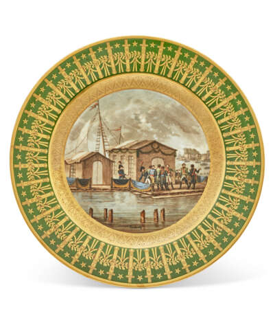 ASSIETTE EN PORCELAINE DE S&#200;VRES PROVENANT DU SERVICE PARTICULIER DE L’EMPEREUR DIT SERVICE DES QUARTIERS G&#201;N&#201;RAUX, REPR&#201;SENTANT L`ENTREVUE ENTRE NAPOL&#201;ON 1ER ET LE TSAR ALEXANDRE 1ER DE RUSSIE - Foto 1