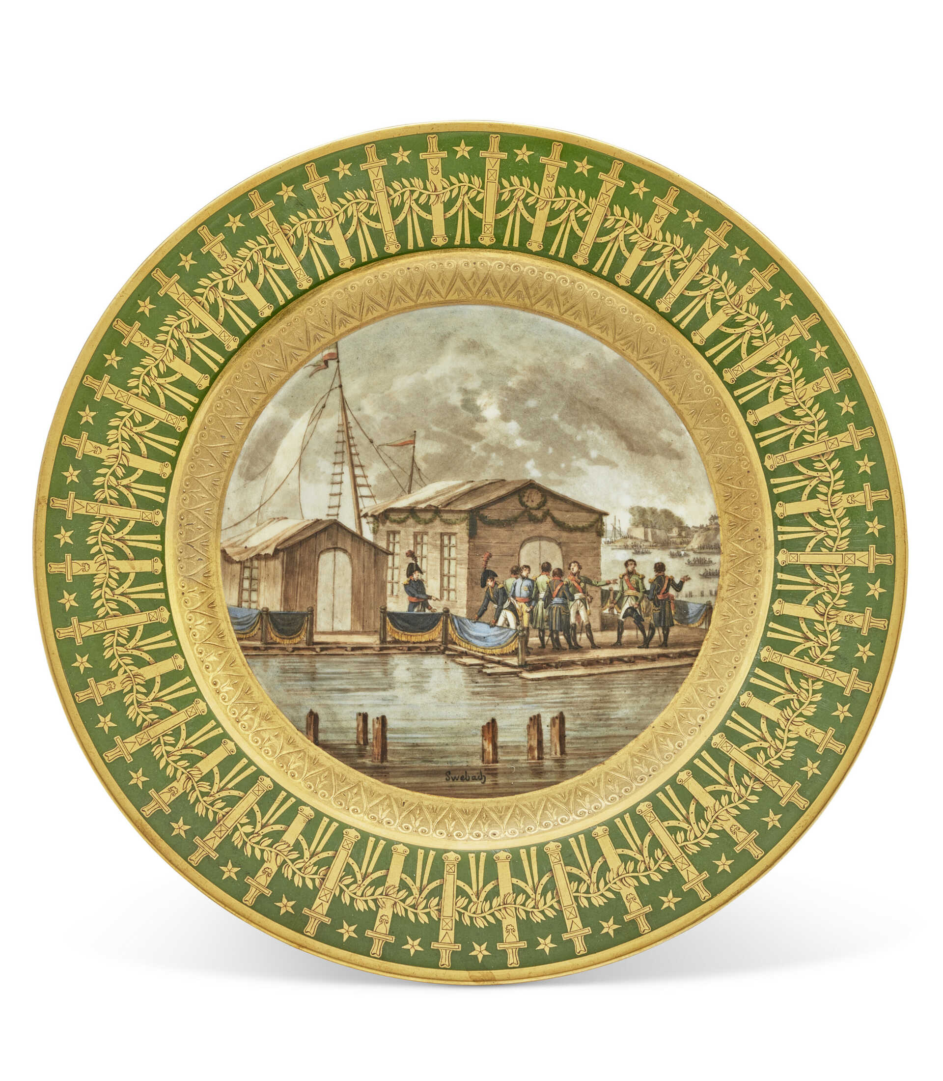 ASSIETTE EN PORCELAINE DE S&#200;VRES PROVENANT DU SERVICE PARTICULIER DE L’EMPEREUR DIT SERVICE DES QUARTIERS G&#201;N&#201;RAUX, REPR&#201;SENTANT L&#39;ENTREVUE ENTRE NAPOL&#201;ON 1ER ET LE TSAR ALEXANDRE 1ER DE RUSSIE