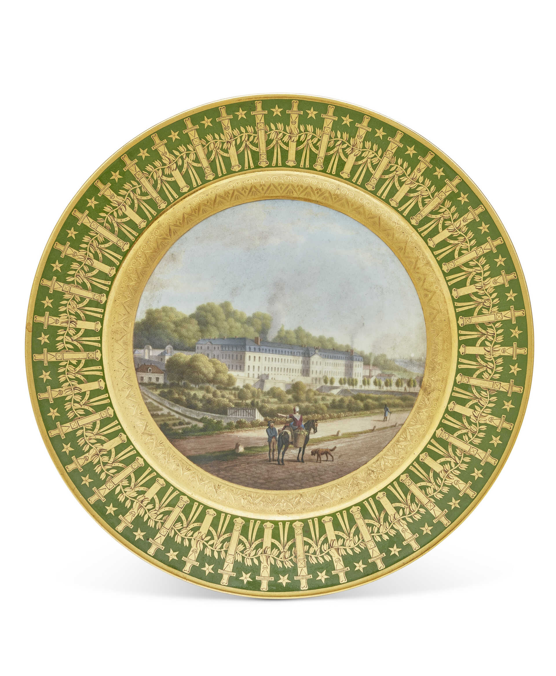 ASSIETTE &#192; DESSERT DU SERVICE PARTICULIER DE L&#39;EMPEREUR DIT SERVICE DES QUARTIERS G&#201;N&#201;RAUX EN PORCELAINE DE S&#200;VRES D&#39;&#201;POQUE EMPIRE, REPR&#201;SENTANT LA MANUFACTURE DE PORCELAINE DE S&#200;VRES