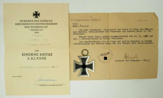 Eisernes Kreuz, 1939, 2. Klasse mit Urkunde für einen Gefreiten der 7./ Grenadier-Regiment 371. - фото 1