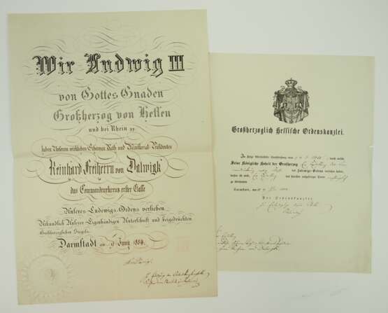 Ministerpräsident des Großherzogtum Hessen Freiherr R.v.D.z.L. - Hessen: Ludwigs-Orden, Commandeur Kreuz 1. Klasse Urkunde. - Foto 1