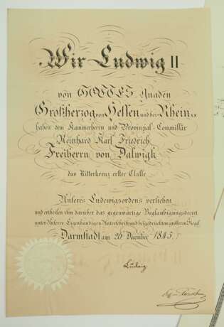 Ministerpräsident des Großherzogtum Hessen Freiherr R.v.D.z.L. - Hessen: Ludwigs-Orden, Ritterkreuz Kreuz 1. Klasse Urkunde. - Foto 2