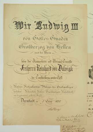 Ministerpräsident des Großherzogtum Hessen Freiherr R.v.D.z.L. - Hessen: Großherzoglicher Orden Philipps des Großmütigen, Comturkreuz 2. Klasse Urkunde. - фото 2