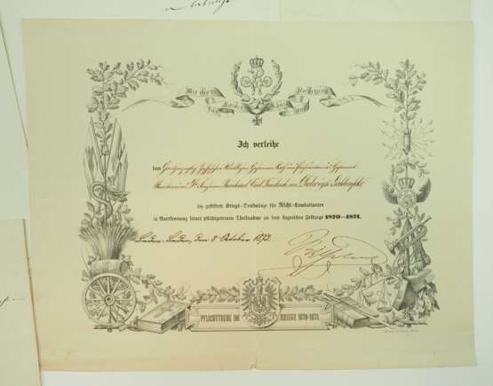 Ministerpräsident des Großherzogtum Hessen Freiherr R.v.D.z.L. - Preussen: Kriegsdenkmünze 1870/71, für Nicht-Combattanten Urkunde. - photo 2