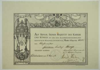 Deutsches Reich: Kolonial-Denkmünze Urkunde für einen Wachtmeister - Deutsch-Ostafrika 1905/07.