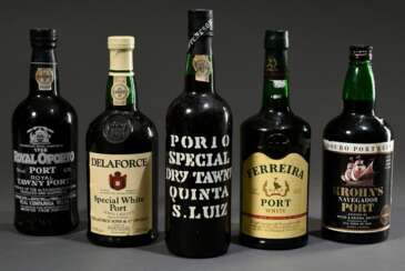 5 Diverse Flaschen Portwein: 1x &quot;Ferreira Port White&quot;, AAF, weiß, 1x &quot;Delaforce Special White Port&quot;, 1x &quot;Krohn´s Navegador Port&quot;, rot, Douro, 1x &quot;Porto Special Dry Tawny Quinta S. Luiz&…