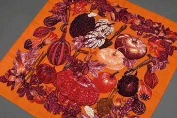 Kleines Hermès Kaschmir Carré &quot;Citrouilles &amp; Colonquintes&quot; in Orange- und Rottönen, Entw.: Valerie Dawlat-Dumoulin 1998, 90x90cm, Ziehfäden