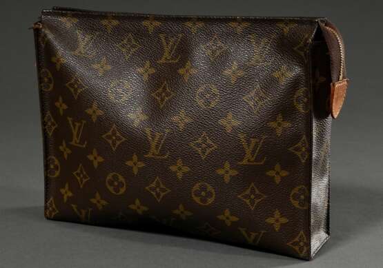 Louis Vuitton Kosmetiktasche in Monogram Canvas, innen helles Leder, geprägte Lasche, 20x24cm, Gebrauchsspuren, Ecken eingerissen - photo 1