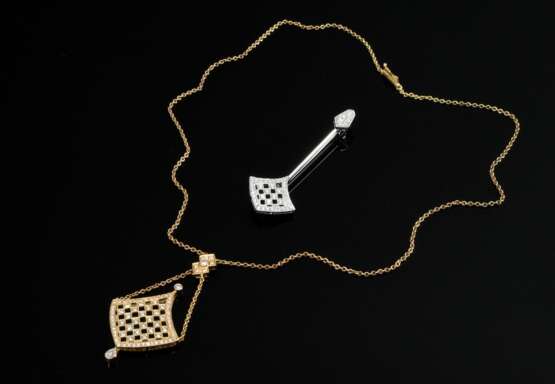 2 Teile Schmuck Goldschmiede Kay, Hamburg: handgefertigtes Gelbgold 750 Diamant Collier (zus. ca. 1.70ct/VVS-VS/TW, 9g. L. 44cm) und moderne Platin Nadel mit Brillanten (zus. ca. 1ct/VSI/TW-W, 5,7g, 6,4x2cm) in durchbroc… - photo 2