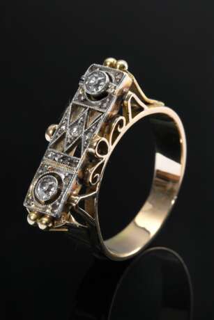 Handgefertigter Gelbgold 585 Ring mit Diamanten (zus. ca. 0.19ct/SI-P1/W-CR) im Alt- und Rosenschliff in platinierten geometrischen Fassungen, um 1920, 5,6g, Gr. 56 - фото 3