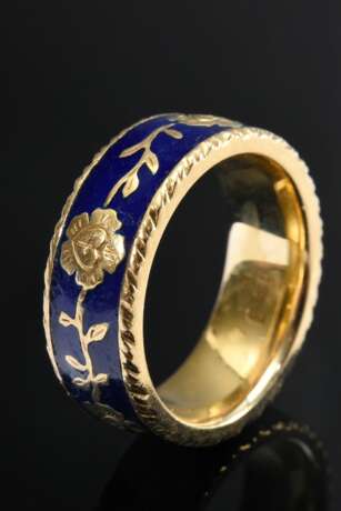 Gelbgold 750 "Jericho" Ring aus der Bekenntnis Kollektion, blaues Feuer Emaille mit umlaufender Blattranke, Rosen-, Herz- und Kreuzdekor „Glaube, Liebe, Hoffnung“, Goldschmiede Ursula Heinicke, Hamburg, 15,2g, … - photo 1