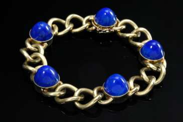 Handgearbeitetes Gelbgold 585 Panzerketten Armband mit hohen Lapislazuli Cabochon Kegeln, 55,8g, L. 19cm