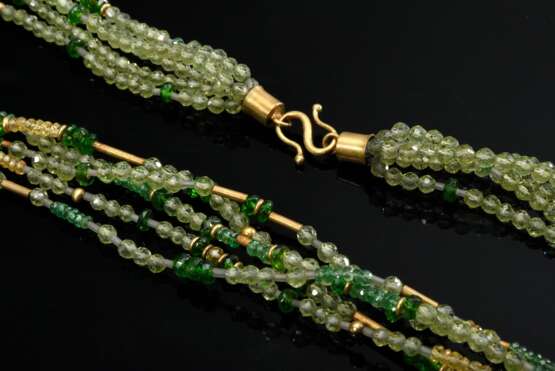 Fünfreihiges Edelstein Collier aus facettierten Peridots, Chromturmalinen, Tsavorithen, Citrinen sowie Glasröhrchen mit Gelbgold 750 S-Schließe und Elementen auf Drahtschnur gefädelt, L. 33,5cm, Ø 2-3,5mm - Foto 2