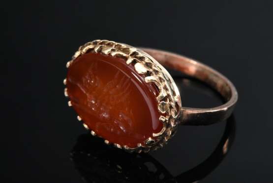 Großer Rotgold 585/333 Ring mit antikem Karneol Intaglio Ring "Liegender Drache", 18./19.Jh., 4,2g, Gr. 60 - Foto 2