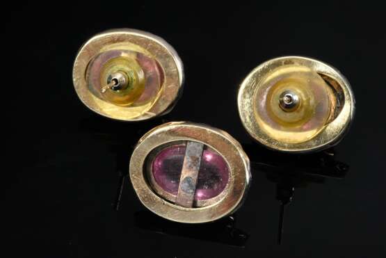 3 Teile Roségold 585 Schmuck mit Turmalin Cabochons und Turmalin Lünetten: 1 Paar Ohrstecker und 1 loser Knopf, 12,7g, 18,8x15,3, umgearbeitete Manschettenknöpfe, Tragespuren - photo 2