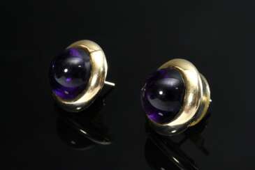 Paar runde Gelbgold 585 Amethyst Cabochon Ohrstecker, 8,8g, Ø 16,6mm