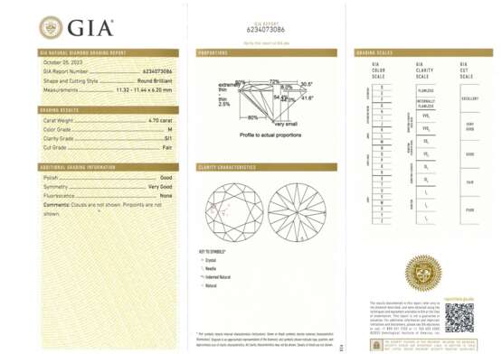 Weißgold 585 Brillant Solitär Ring (ca. 4.70ct/SI1/TC-M) mit 2 seitlichen Brillanten (0.14ct/ SI/TCR und 0.14ct/VSI/TCR), Gesamtgewicht 14g, Gr. 58, GIA Report von Oktober 2023 liegt vor, Diamant etwas lose - фото 9