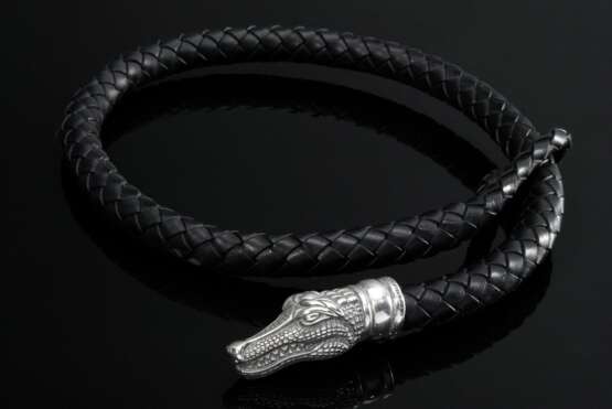 Kieselstein-Cord Collier mit geflochtenem Lederband und Silber 925 Krokodilkopf, am Hals sign./dat 1995, L. 56cm, in Original Beutel - Foto 1