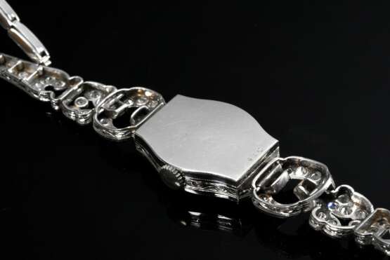 Art Deco Platin Armbanduhr mit Diamanten im Alt- und Achtkantschliff (zus. ca. 3.20ct/SI-P1/W-CR), Handaufzug, 23,7g, L. 18,4cm, Zugband defekt, Steg lose, keine Garantie auf Werk und Funktionalität - Foto 3