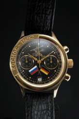 Vergoldete Herrenarmbanduhr Chronograph &quot;Poljet Kosmos 1992&quot;, Handaufzug, Kaliber 3133, limitierte Auflage 330/1000, Nachbau der Original MIR Uhr, schwarzes Lederarmband mit vergoldeter Dornschließe (nicht orig…