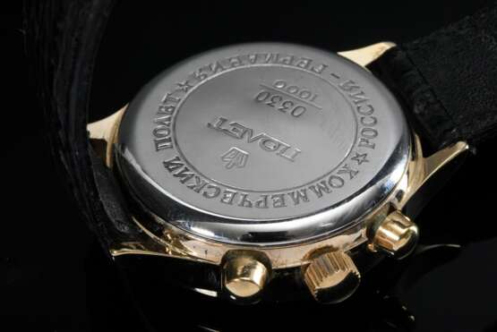 Vergoldete Herrenarmbanduhr Chronograph "Poljet Kosmos 1992", Handaufzug, Kaliber 3133, limitierte Auflage 330/1000, Nachbau der Original MIR Uhr, schwarzes Lederarmband mit vergoldeter Dornschließe (nicht orig… - фото 3