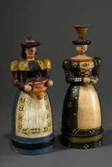 2 Diverse Lichterfiguren &quot;Frauen in Tiroler Tracht mit Hut&quot;, farbig gefasst, am Fuß Manufakturstempel &quot;Otto Dorén Rausdorf über Trittau&quot;, um 1920, H. 18/20cm, 1x Hut hinten beschädigt, 1x Korb fehlt, …