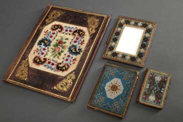 4 Diverse Biedermeier Perlstickerei-Arbeiten, um 1830/1840: 1 Korrespondenz Leder-Mappe (38x28cm, Schlüssel verloren), 2 Notizbücher (13x8/17x12cm, 1x Rücken gerissen) und 1 Tafel mit beschreibbarer Porzellanplatte (20,5…