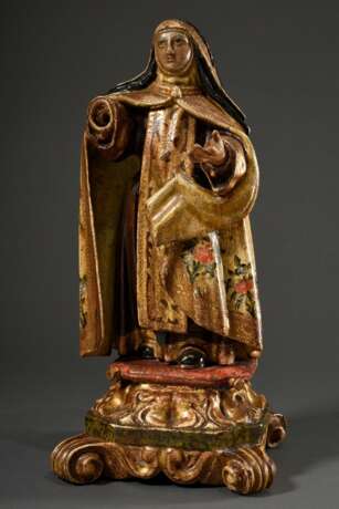 Heiligenfigur "Theresa von Avila", Holz geschnitzt, floral punziert, mit polychromer Fassung und Vergoldung, Spanien Ende 18.Jh., 55x26x25,5, Altersspuren, rechte Hand und Attribut fehlen - фото 1