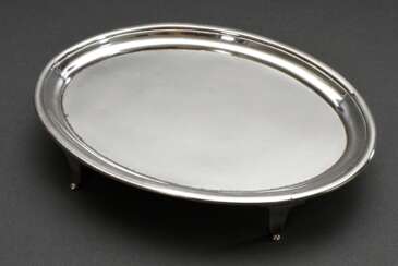 Ovaler George II Salver in schlichter Form auf vier Füßchen, MZ: William Bennett, London 1804, Silber 925, 105g, 3x15x11cm