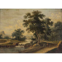MALER des 18. Jahrhundert, "Flusslandschaft mit Burg und Hügelkette im Hintergrund",