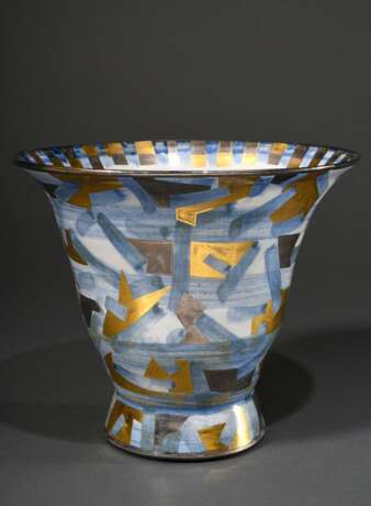 Moderne Keramik Vase mit geometrisch abstrahierter Bemalung in Blau, Gold und Silber, sign. Kirsten Jepsen, um 2000, H. 20cm, Ø 24,5cm - photo 1