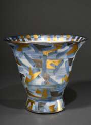 Moderne Keramik Vase mit geometrisch abstrahierter Bemalung in Blau, Gold und Silber, sign. Kirsten Jepsen, um 2000, H. 20cm, Ø 24,5cm