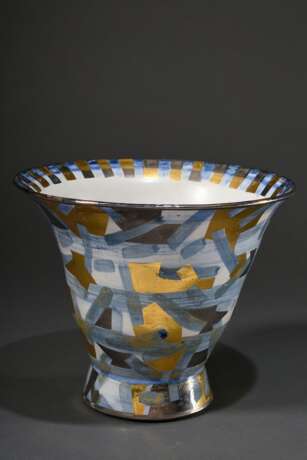 Moderne Keramik Vase mit geometrisch abstrahierter Bemalung in Blau, Gold und Silber, sign. Kirsten Jepsen, um 2000, H. 20cm, Ø 24,5cm - photo 2