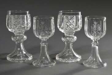 4 Diverse Biedermeier Gläser auf rundem Fuß, 2x mit ornamentalem Schliff, 2x mit Monogrammen, H. 14,5/15,5cm