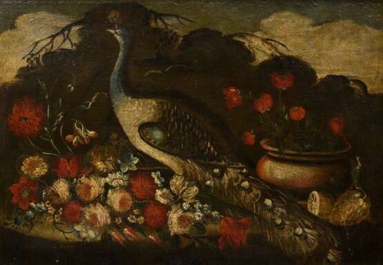 Unbekannter Künstler des frühen 18.Jh. „Stillleben mit Pfau“, Öl/Leinwand, wohl doubliert, geschnitzter Prunkrahmen (kleine Defekte), 74x106cm (m.R. 86x118cm), Altersspuren - Foto 1