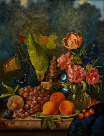 Unbekannter Künstler des 19.Jh. "Obst- und Blumenstillleben mit Elfenbein Humpen, Glasvase und Papagei", Öl/Leinwand doubliert, u.r. undeutl. sign., 46x58cm (m.R. 69x56,5cm), rest. - Foto 1