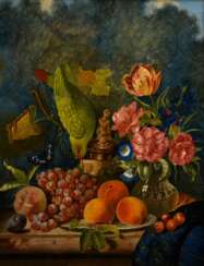 Unbekannter Künstler des 19.Jh. &quot;Obst- und Blumenstillleben mit Elfenbein Humpen, Glasvase und Papagei&quot;, Öl/Leinwand doubliert, u.r. undeutl. sign., 46x58cm (m.R. 69x56,5cm), rest.