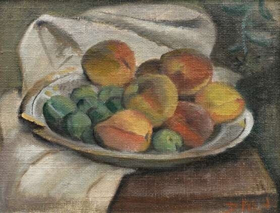 Maetzel-Johannsen, Dorothea (1886-1930) „Früchtestillleben mit Obstschale und Tuch“, Öl/Leinwand (Rupfen) auf Malkarton kaschiert, u.r. monogr., verso Nachlassstempel mit WVZ Nr. 126 und Stempel "Galerie Herold/Hamb… - photo 1