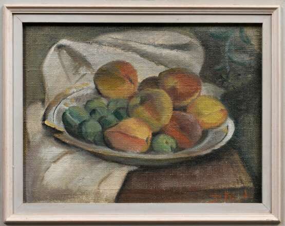 Maetzel-Johannsen, Dorothea (1886-1930) „Früchtestillleben mit Obstschale und Tuch“, Öl/Leinwand (Rupfen) auf Malkarton kaschiert, u.r. monogr., verso Nachlassstempel mit WVZ Nr. 126 und Stempel "Galerie Herold/Hamb… - photo 2