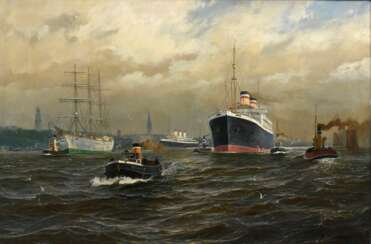 Kalckreuth, Patrick v. (1892-1970) &quot;Schiffsverkehr im Hamburger Hafen&quot;, Öl/Leinwand, u.r. sign., 81x120cm (m.R. 98x138cm), kleine Defekte der Maloberfläche, min. verschmutzt