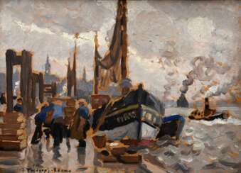 Tesdorpf-Edens, Ilse (1892-1966) &quot;Landungssteg am Hamburger Hafen&quot;, Öl/Malpappe, u.l. sign., 35x47,5cm (m.R. 47,5x59cm)